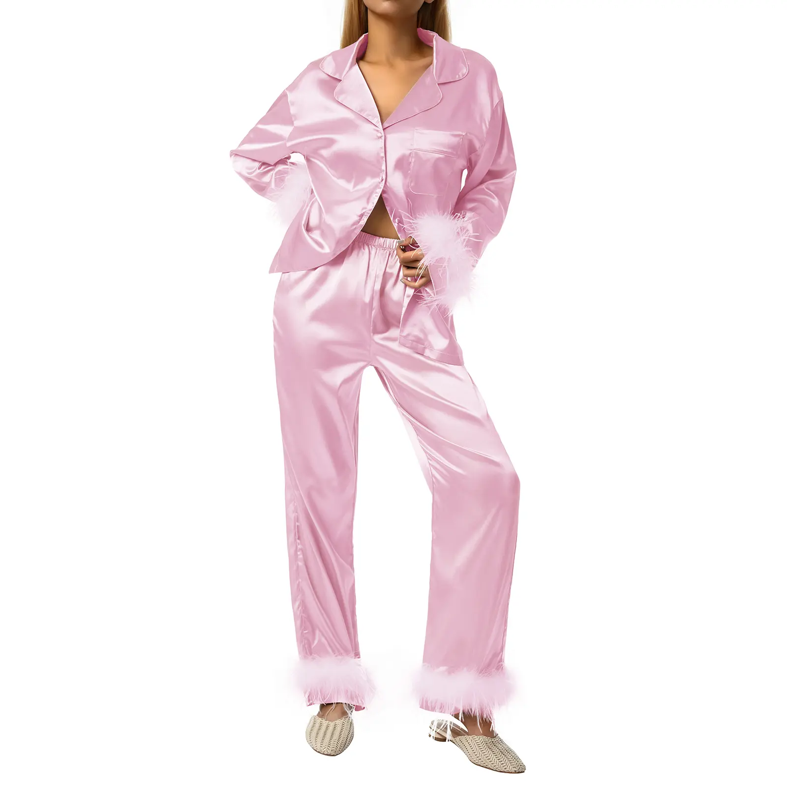 Women Chrismas Sleepwear Set, Feather Decoration Long Sleeve Button-Down Lapel Collar Tops + Pants Pajamas Set Loungewear Womenswear