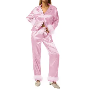 Women Chrismas Sleepwear Set, Feather Decoration Long Sleeve Button-Down Lapel Collar Tops + Pants Pajamas Set Loungewear Womenswear