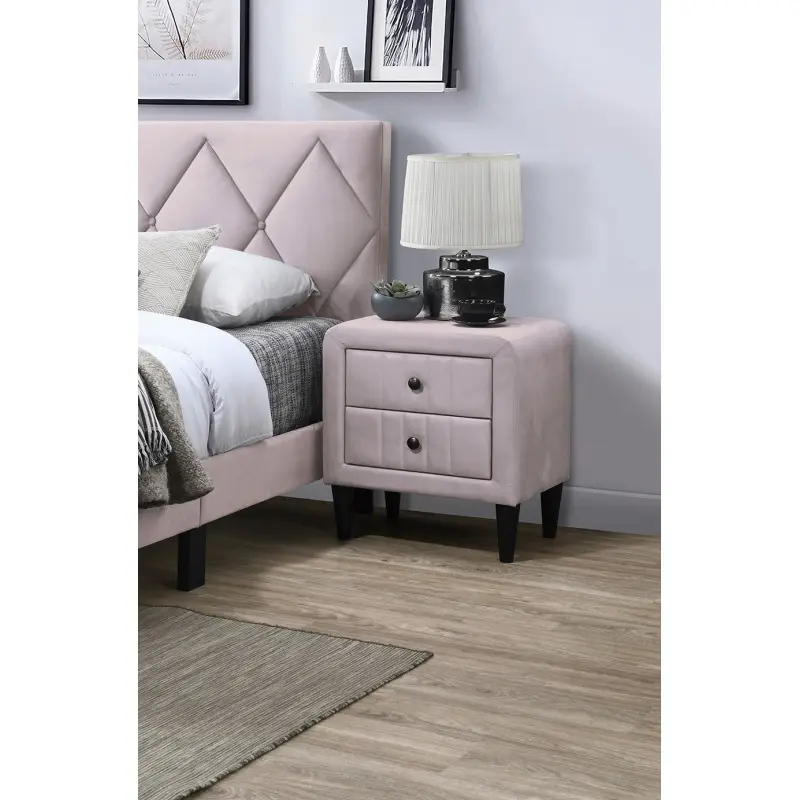 Light Pink Color Velvet Gorgeous 1pc Nightstand Bedside Table 2x Drawers Bedroom Furniture Sleek Design Tempered Legs, side table, bedside furniture, side table with drawers and shelves, suitable for bedrooms and living rooms