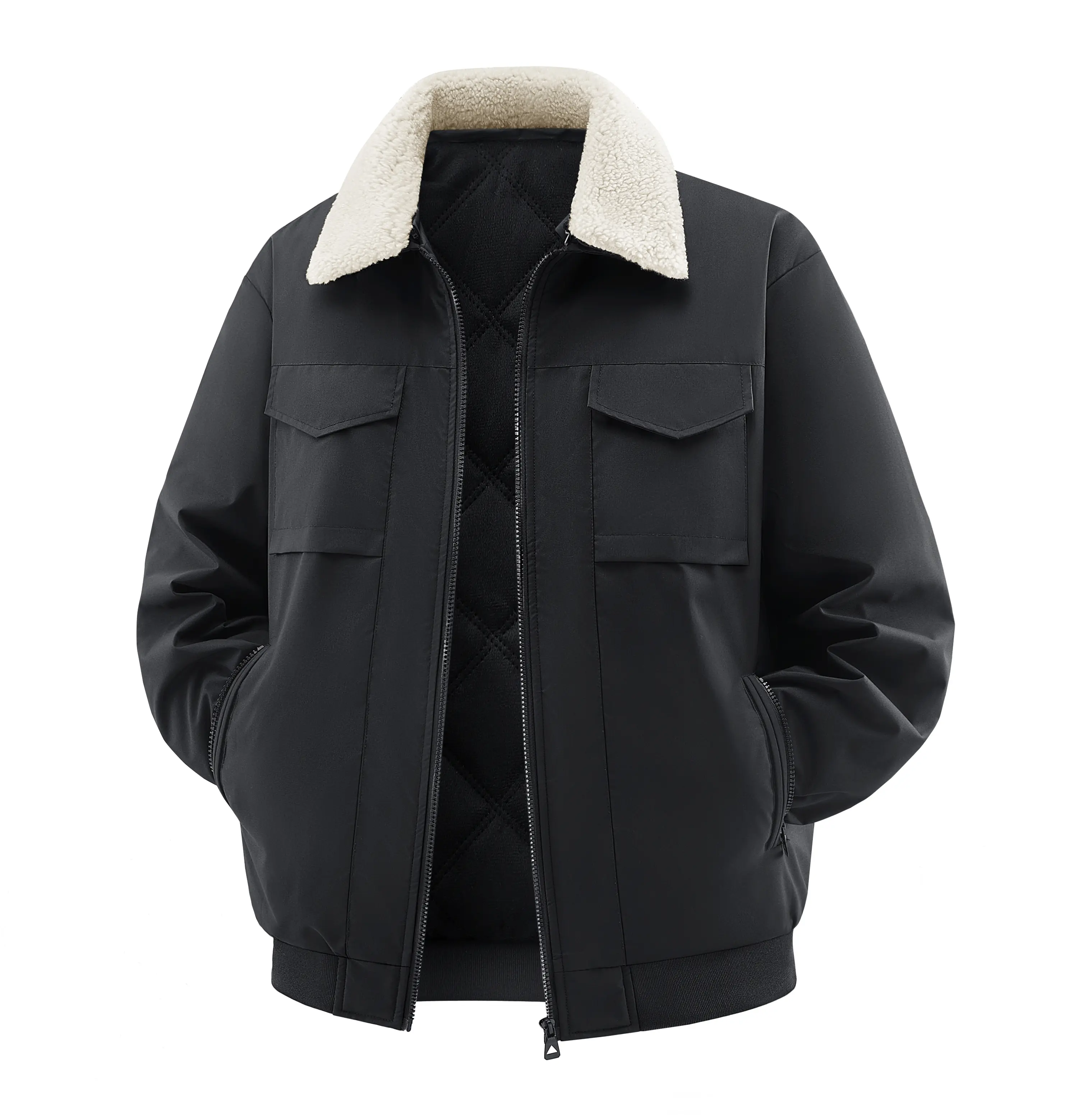 Men’s faux shearling collar workwear jacket with quilted lining and zipper closure; warm casual men’s outerwear for autumn and winter, available in black, gray, and navy blue.