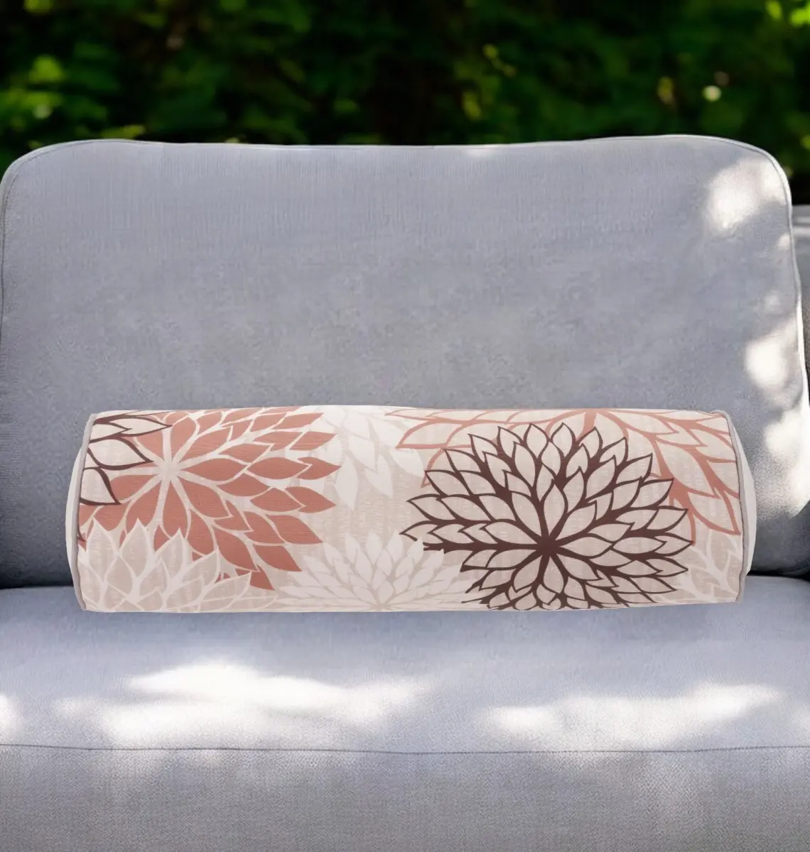 212 MAIN Round 6x20 in. Brown, Beige & Ivory Floral Bolster Throw Pillow - Removable, Zippered, Weatherproof for Indoor Use, Room Decor, Floral Print, Indoor/Outdoor
