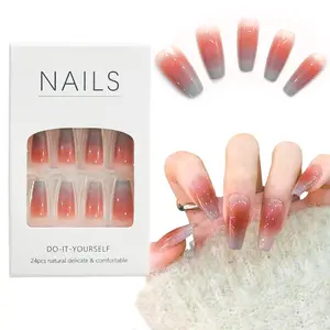 Press on Nails, Blue Pink Ombre Long Square False Nails with Glue, Natural Fit Damage-Free Wearable Nail Tips, Reusable Glossy Nails Kit for Women 24 Pcs 12 Sizes