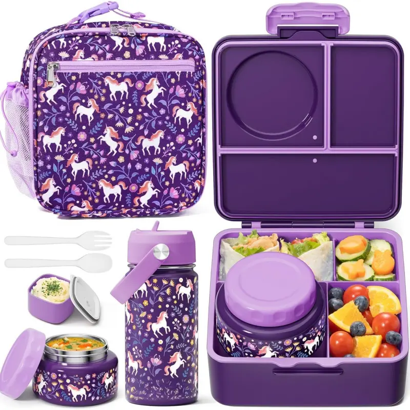PLL Leakproof Airtight Bento Box Set with 8.5 oz Aluminium Insulated Thermos Jar, Lunch Bag, Water Bottle, 3-4 Compartment Tray for School (Home Supplies)