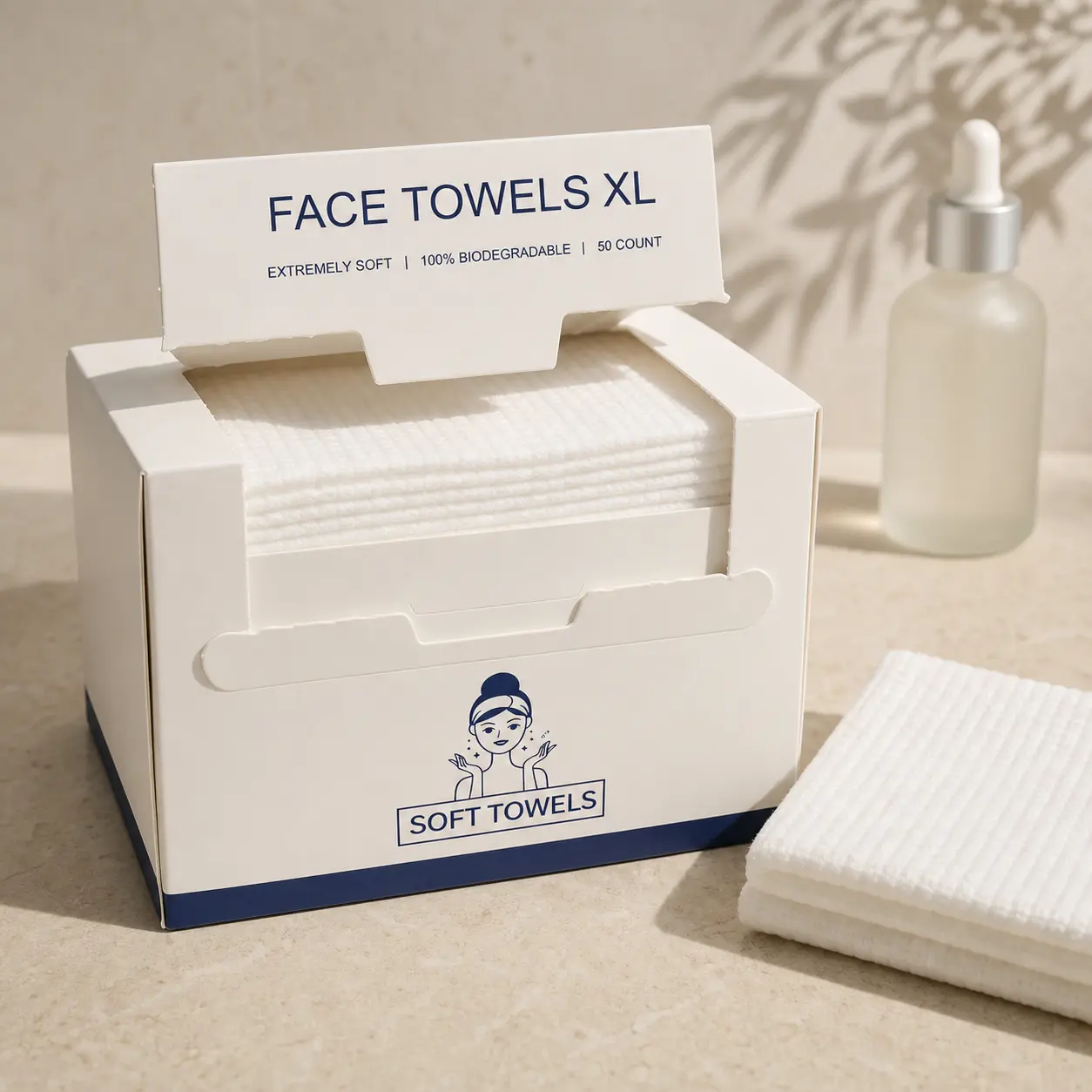 Boxed Disposable Face Towels, 50 Count, 25 x 30 cm Extra-Large Thick Cotton Dry Wipes, Soft Facial Towelettes for Sensitive Skin, Wet/Dry Use for Face Cleansing, Makeup Removal, Skincare, Travel, Spa, Bathroom and Daily Personal Care for Women & Men.