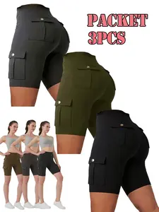 Women's 3-Pack Casual Gym Shorts, High-Waisted Multi-Pocket Workout Pants, Training Workout Shorts, Quick-Dry Slim-Fit Running Shorts, Elastic Outdoor Active Wear
