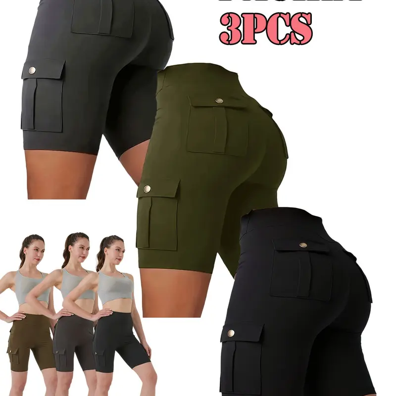Women's Multi-Pocket Sport Shorts, High-Waist Butt-Lifting Quick-Dry, Athleisure Gym Shorts, Casual Style Slim Fit Elastic Outdoor Running Shorts, Active Wear Shorts