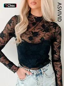 Women's Sexy Transparent Floral Lace Mesh Half High Neck Long Sleeve Tight Fit Top, Summer Casual Fashion, Ladies Clothing