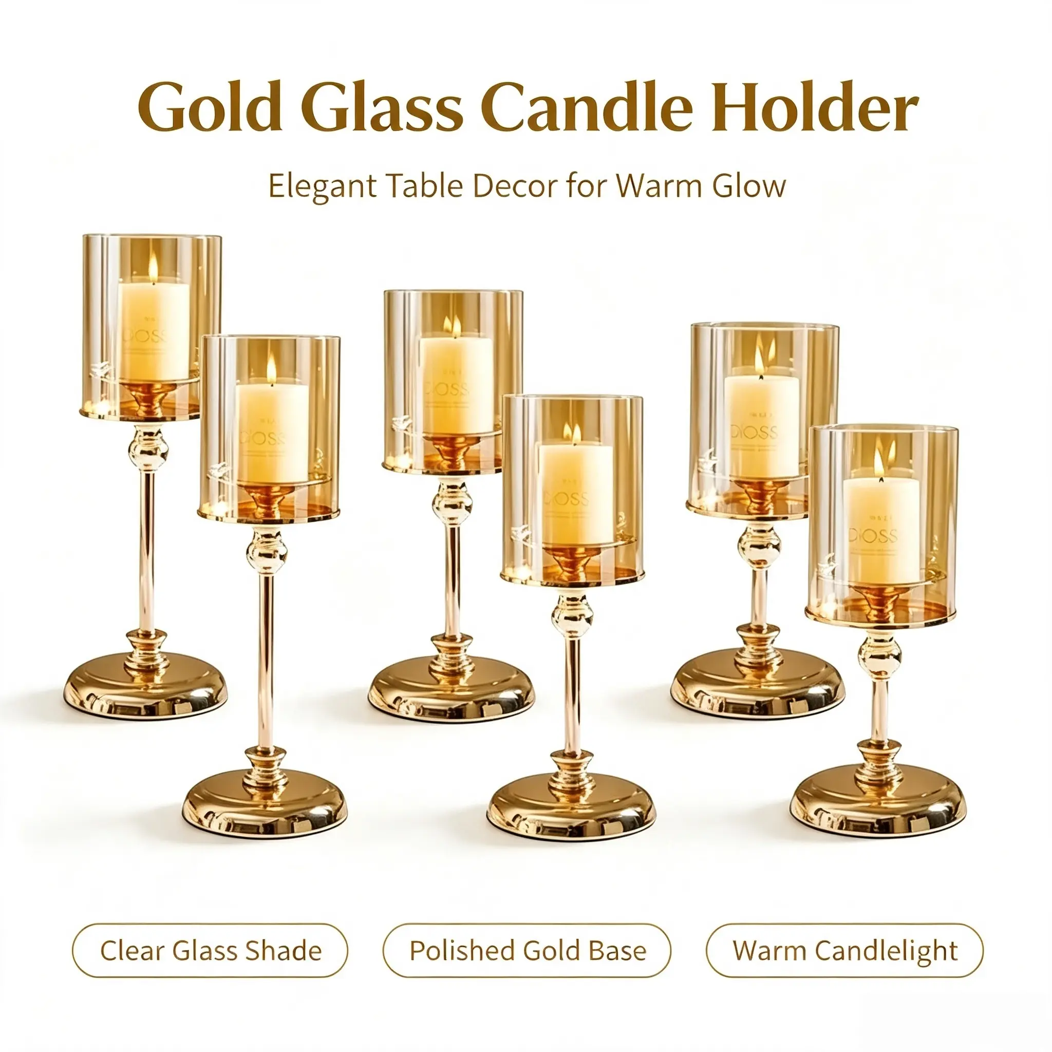 Elegant Gold Glass Hurricane Taper Candle Holders (3/6 Pack) - Windproof Tall Candlestick Holders with Metal Stand, Home Decor for Engagement, Anniversary, Romantic Bedroom Accessories