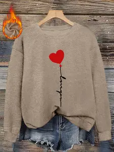 Women's Casual Fitted Round Neck Sweater, Heart & Letter Print, Fall Winter Fashion Top, Comfortable Knitwear for Ladies