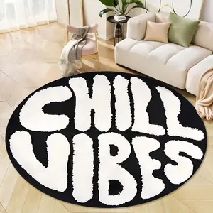 Rough style black and white font design pattern circular carpet, warm and fashionable home decoration, indoor and outdoor printed floor mats, suitable for living rooms, bedrooms, dining rooms, balconies, soft and durable carpet, Home Decorative Rug