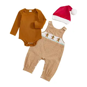 Sprifallbaby Newborn Baby Boy Checkered/Plaid Christmas Outfit Set - Long Sleeve Corduroy Romper with Christmas Embroidery, Overalls, Hat, Winter Infant Toddler Bodysuit, Infant Toddler Clothes