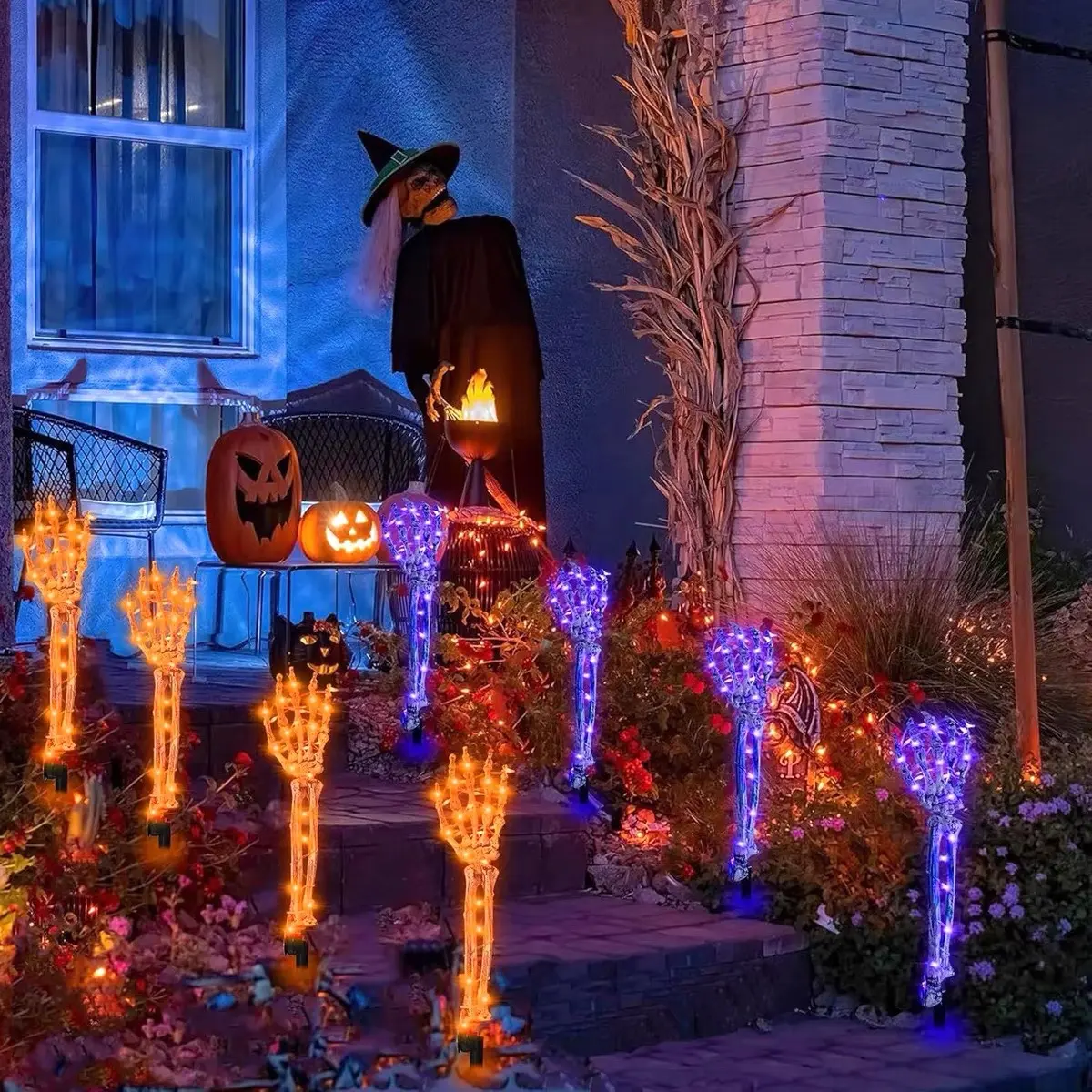 2-Pack Solar-Powered LED Skeleton Arm Stake Lights, 8 Lighting Modes Waterproof Outdoor Decorations for Halloween Graveyards (Home & Festive Party Supplies)