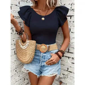 Layered Ruffle Sleeve T-shirt, Elegant Crew Neck Slim Top For Spring & Summer, Women's Clothing