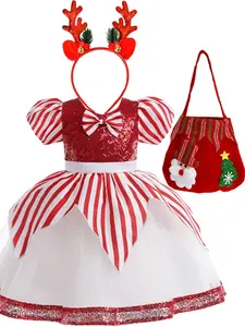 ( Dress  + all accessories) Christmas dress with sequins red and white color matching mesh tulle dress children's holiday performance costume