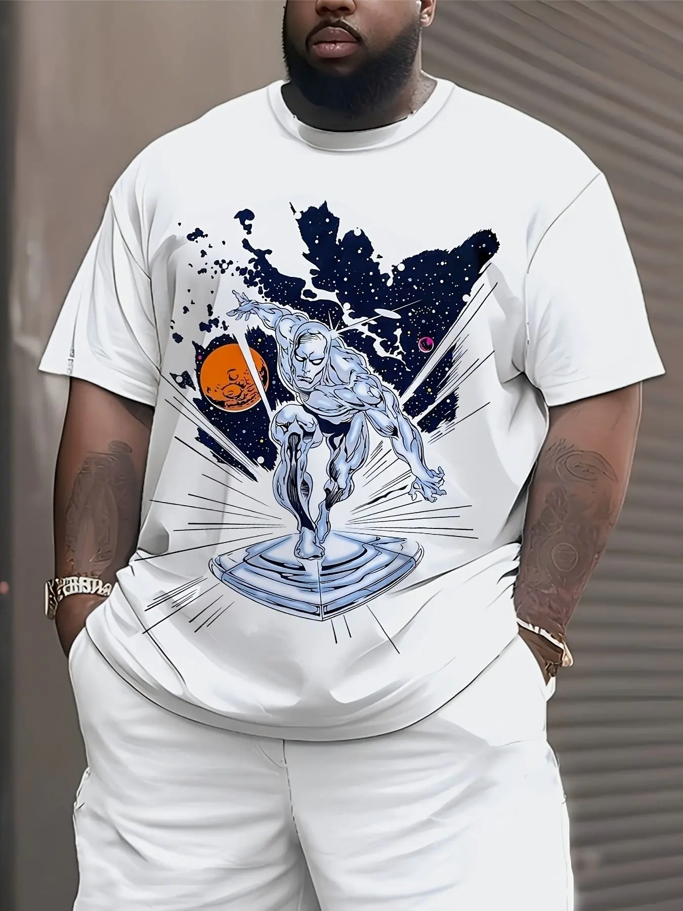 Men's Plus Size Cotton Short-Sleeve T-Shirt - Loose-Fit Casual Summer Menswear Top, Futuristic Sci-Fi Silver Humanoid, Cosmic Stars Planets Abstract Print, Stylish All-White Streetwear, Versatile Comfortable Fabric Shirt, Shortsleeve, Round Neck, Stretch