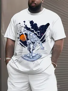 Plus Size Men'S T-Shirt, Loose Fit Casual Summer Tops, Futuristic Sci-Fi Graphic Tee with Silver Humanoid Design, Cosmic Stars Planets Abstract Print, Stylish All-White Streetwear for Men, Versatile Comfortable Shirt