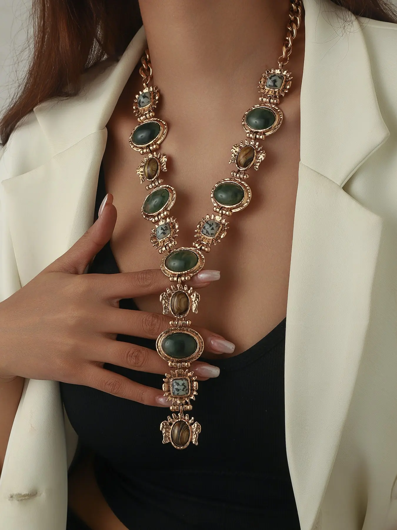 Elegant Vintage Y-Shape Necklace, Multi-Color Geometric Sweater Chain, Fashion Necklace, Perfect Gift for Women, Suitable for Parties and Daily Wear, Classic Statement Necklace