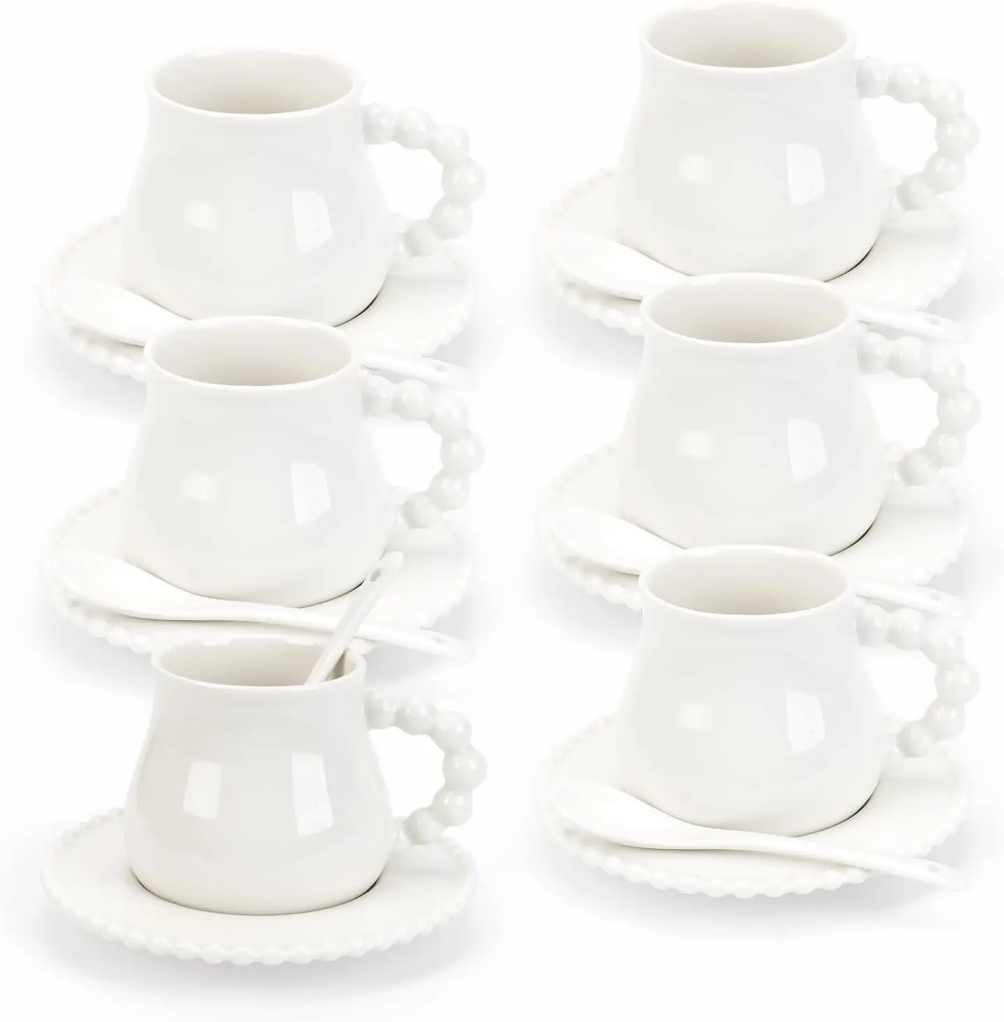 Classic Sturdy Ceramic Espresso Cups Set - 6 Pieces with Saucers & Spoons, 8 oz Mugs for Latte, Au Lait, Dishwasher & Microwave Safe Kitchenware Drinkware