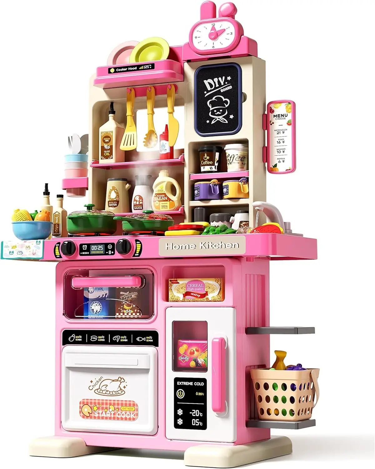 33.8IN Kids Kitchen Playset, 70PCS Kid Play Kitchen with Realistic Lights & Sounds, Spray Sink Toy Kitchen Accessories, Pretend Food Toys Kitchen for Boys Girls