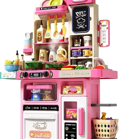 33.8IN Kids Kitchen Playset, 70PCS Kid Play Kitchen with Realistic Lights & Sounds, Spray Sink Toy Kitchen Accessories, Pretend Food Toys Kitchen for Boys Girls