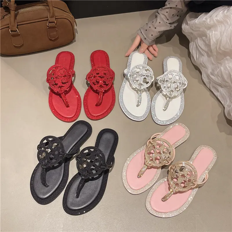 Women's diamond flip flops Fashionable Black Plain Color Slide Sandals - Casual Comfortable Flat Sandals, Lightweight Breathable Shoes for Daily Wear, Girl Flipflop Beige