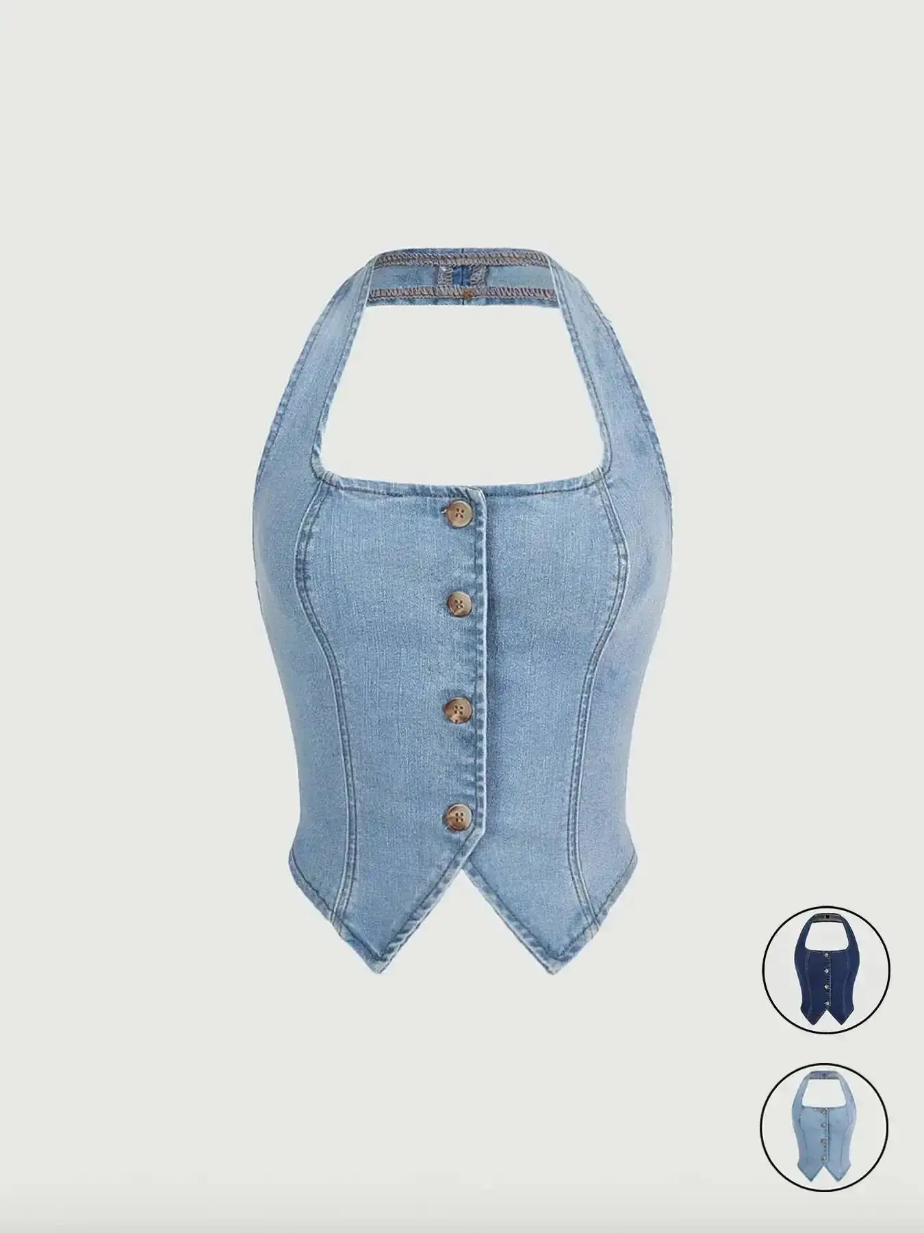 Women's Button Front Halter Neck Denim Top Stylish Summer Fashion Comfortable and Trendy Perfect for Casual Ideal Daily Wear urban style comfort stretch vintage wash everyday essential relaxed fit casual street
