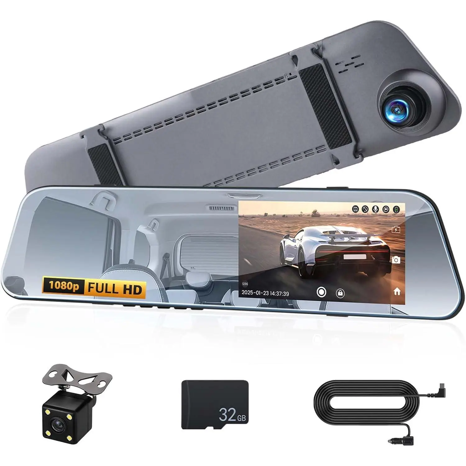 RIMOODY Car Mirror Dashcam, 4.7-in Rear View Mirror with 720P Front & Rear Dual Cameras, Super Night Vision, Parking Assistance, 24H Parking Monitor, Waterproof Backup Camera, Free 32GB Card, Father's Day Gift, Car Accessories, Vehicle Accessories
