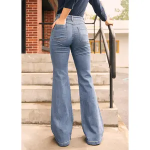 ModCloth Love and Mariner Flared Leg Jeans with High Rise Waist, Pockets, 34" Inseam - Medium Wash (0-26W) Stretch Denim