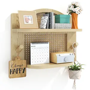Wood and Rattan Wall Shelf - 2 Tier Natural Wicker Shelf for Wall With Wood Hook, 16’’ Boho Nursery Floating Shelves Wall Mounted for Decor & Storage, Rustic Farmhouse Floating Shelf for Any Room.