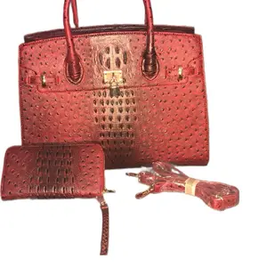 Red Ostrich Leather Satchel Handbag with Matching Wallet & Strap for Women's and girls Fashion Accessories. Includes Brass pad lock