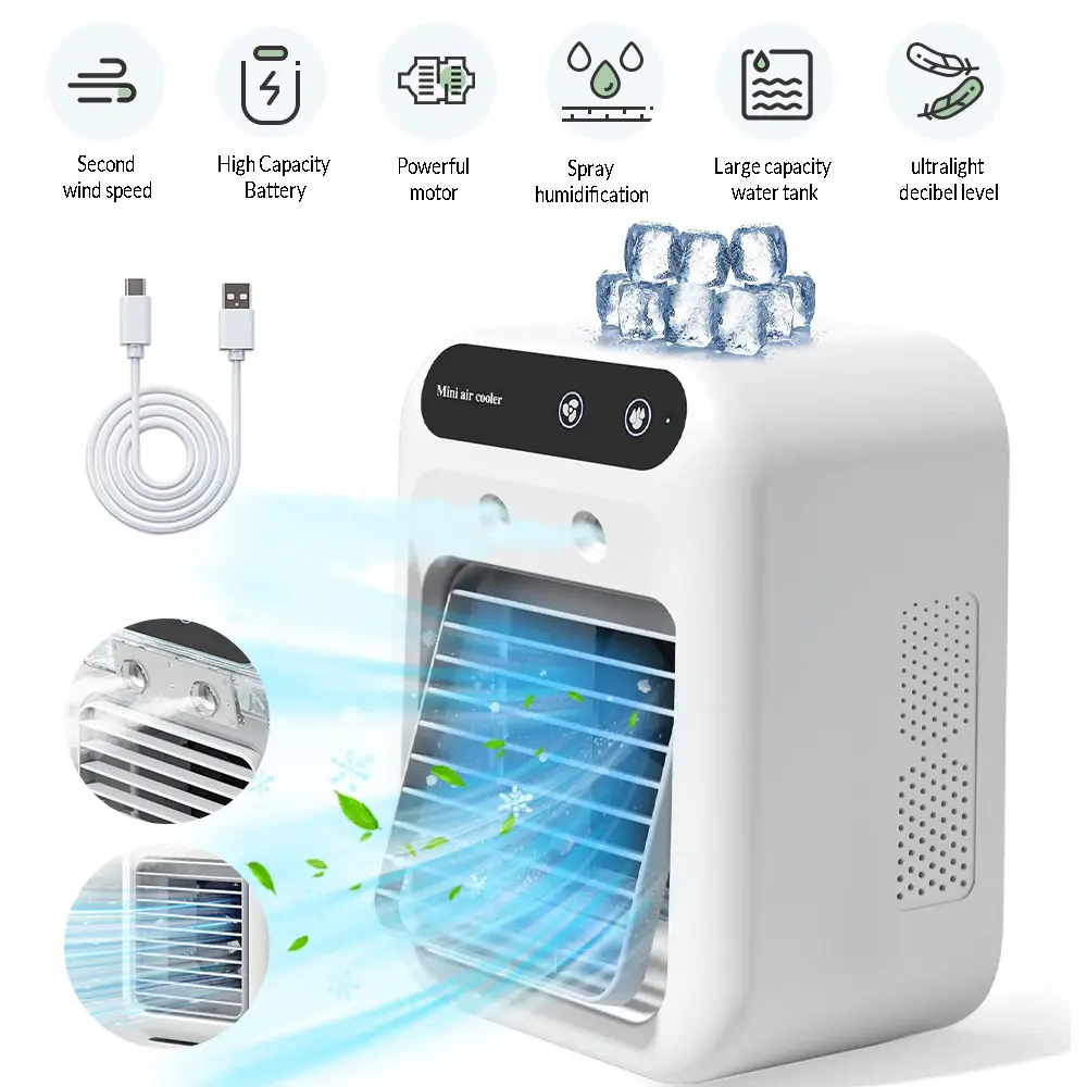【BackToSchool】 Portable Air Cooler Fan with Mist, 1800mAh Rechargeable & USB Plug-in, 2 Speeds 2 Mist Modes, 500ml Tank <36dB Quiet Mini Fan for Desk & Office Use,dorm essentials,home essentials