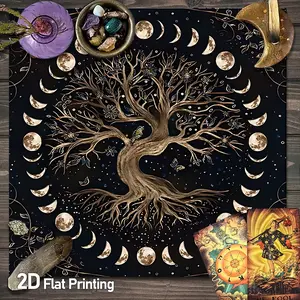 Mystic Moon Phases Tree of Life Tarot Card Tablecloth | Golden & Black Bohemian Celestial Altar Tablecloths | Spiritual Mandala Art Gaming Tablecloth | Divination Witchcraft Astrology Oracle Cards Altar Cloths | Crystal Grid Meditation Table Cloths