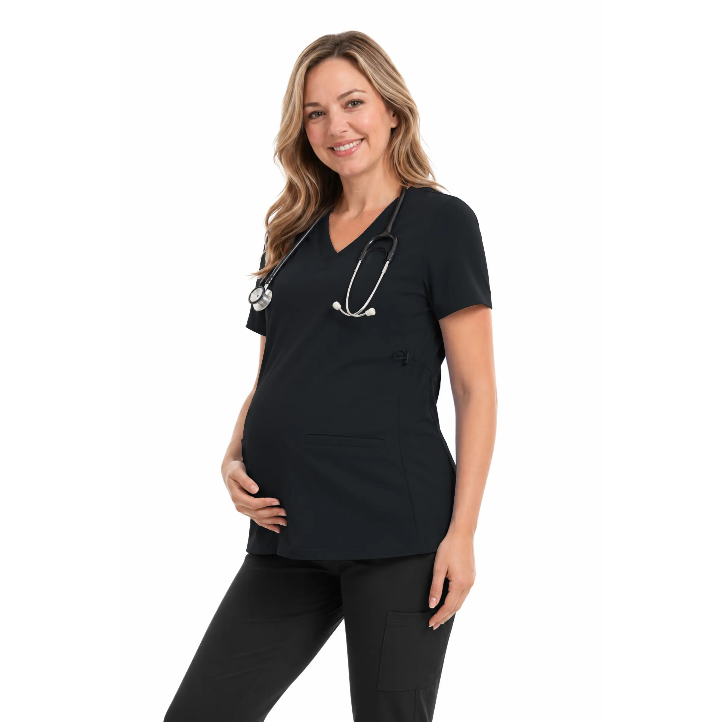 Kecols Women's Maternity Scrub Top, V-Neck, 2 Pockets, Adjustable Sides | Soft 4-way stretch Medical Pregnancy Workwear