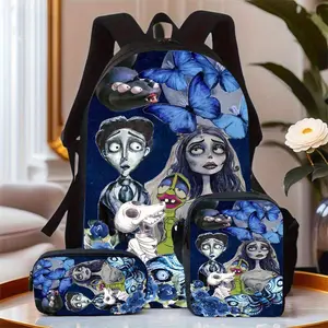 3PCS Tim Burton’s Corpse Bride Print Backpack Set, Water Resistant School Bag + Lunch Box + Pencil Case, Lightweight, Fits 15-inch Laptop, Breathable Straps, Gothic Blue Butterfly Design