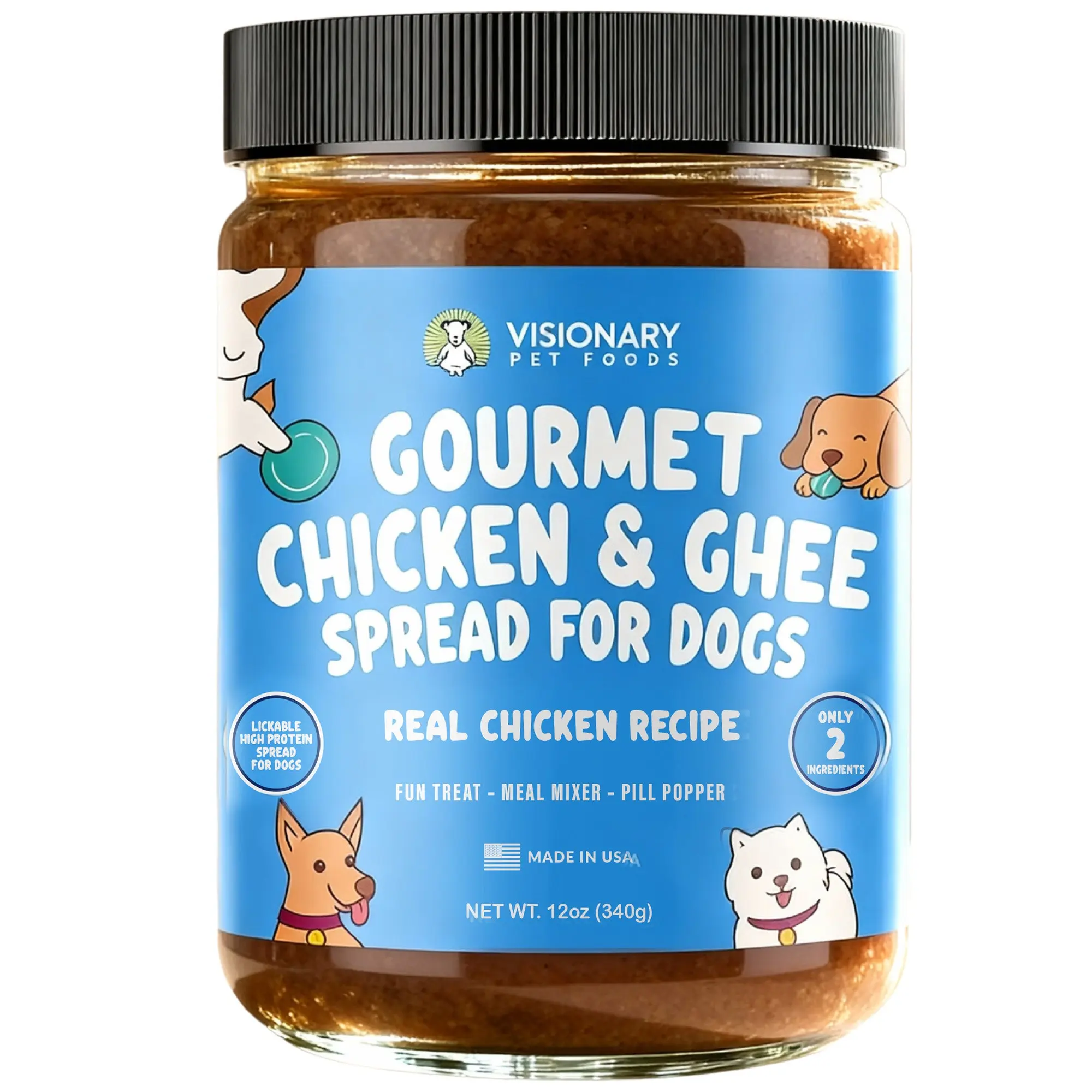 Visionary Pet Foods Chicken & Ghee High-Protein Low-Carb Keto Dog Meat Spread Treats, 12oz Jar, High-Protein Dog Treats, High Protein Treats