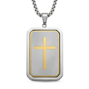 Cubic Zirconia Reversible Cross Pendant Necklace 20-22 Inches in ION Plated Yellow Gold and Stainless Steel