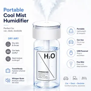 Portable Mini Humidifier with Large Mist, USB-C Rechargeable, Quiet 2 Mist Modes & Warm Night Light for Bedroom Office Travel