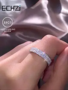 S925 Sterling Silver Luxury Promise Ring for Women, Engagement Eternity Band with Synthetic Cubic Zirconia, Glitter Style Daily Wear Jewelry