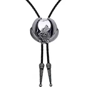 Vintage Western Cowboy Black Wolf Moon Bolo Tie For Men Native American