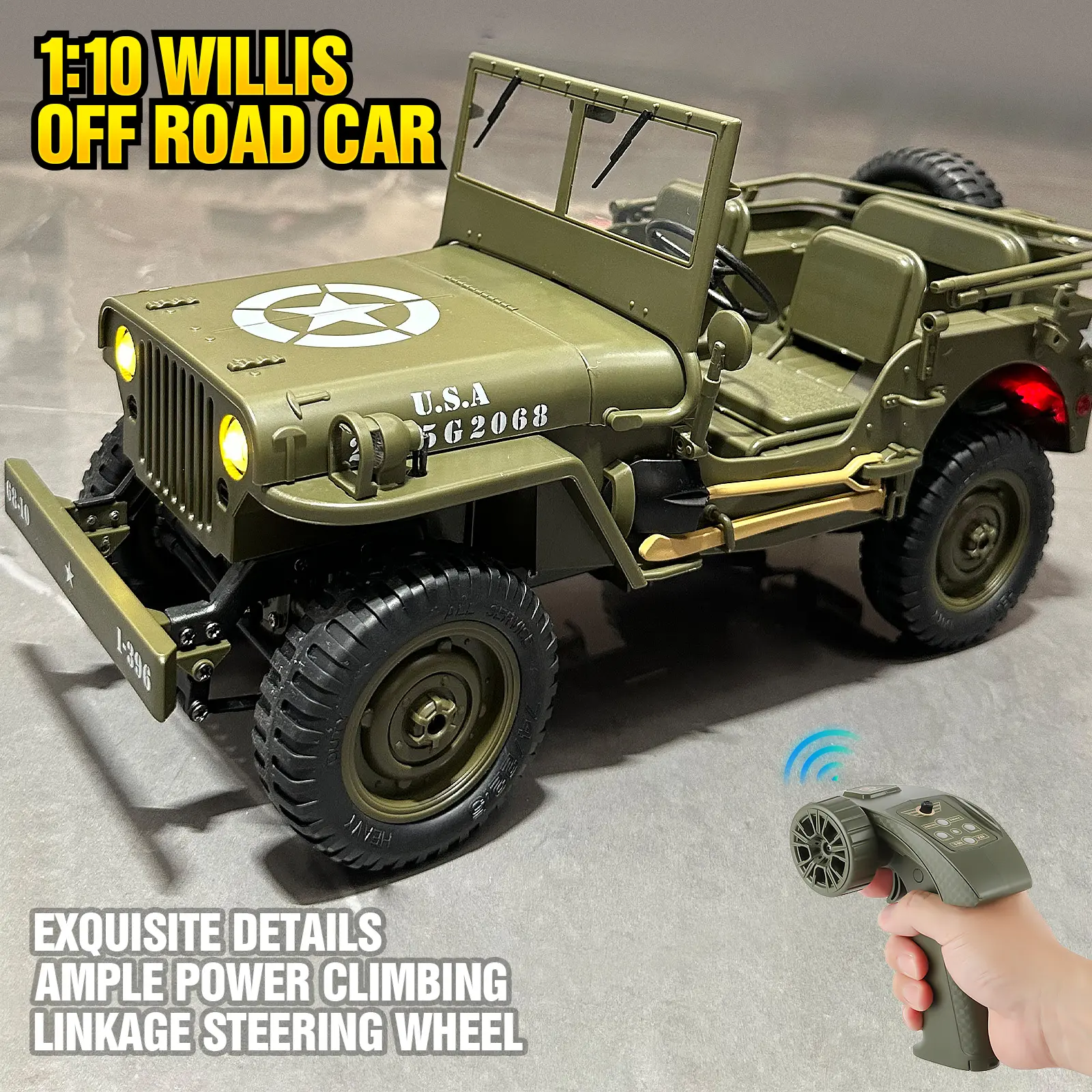 Willys RC Off-Road Vehicle - 2 Batteries, Professional Full-Size Proportional Transmission, Alloy Chassis, Steering Linkage, Multi-Mode Lights, Optional Body Tarp & Electric Winch Compatibility (All-Terrain Outdoor Climbing Toy Car)