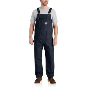 Carhartt Men's Personalized Relaxed Fit Cotton Duck Work Overalls with Elastic Stretch Fabric, Elastic Waist, Plain Design, Suspenders, Kick Panels, Zip Pocket - Navy Menswear