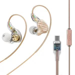Light Wood & Dark Wood Wired In‑Ear Earphones, Type‑C / 3.5mm Over‑Ear Hook‑Style HiFi Headphones with Microphone & In‑line Control, Deep Bass for Daily Wear