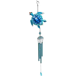 35" x 5" Sea Turtle Metal Art Wind Chime, Decorative Glass and Metal  Windbell for Coastal Garden, Artisan Crafted  Theme Decor for Beach House & Patio, Blue, 1 count