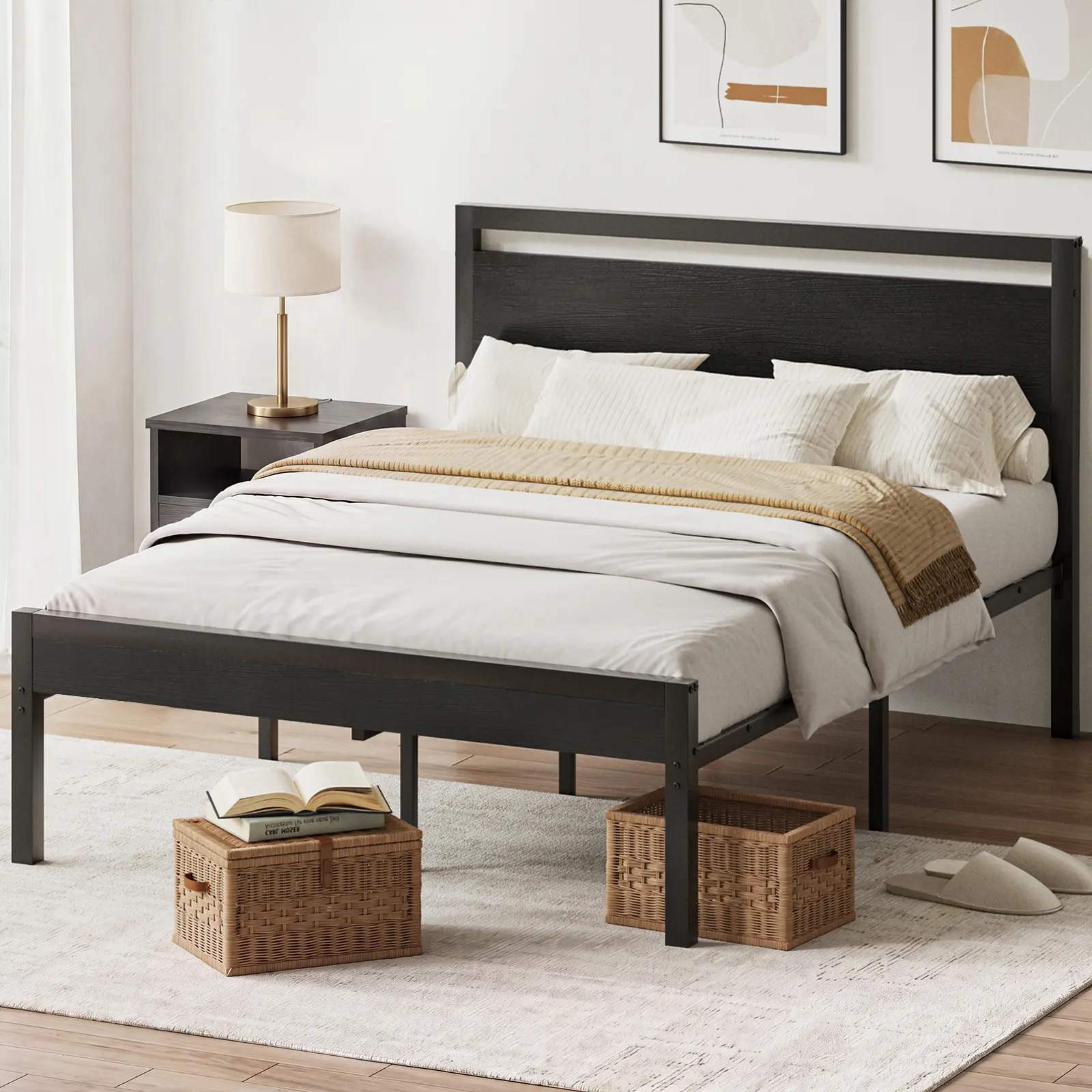Metal Platform Bed Frame with Wood Grain Headboard, Heavy Duty Slat Support Bed Base, Fits 8–12 Inch Mattress, No Box Spring Needed for Bedroom Guest Room