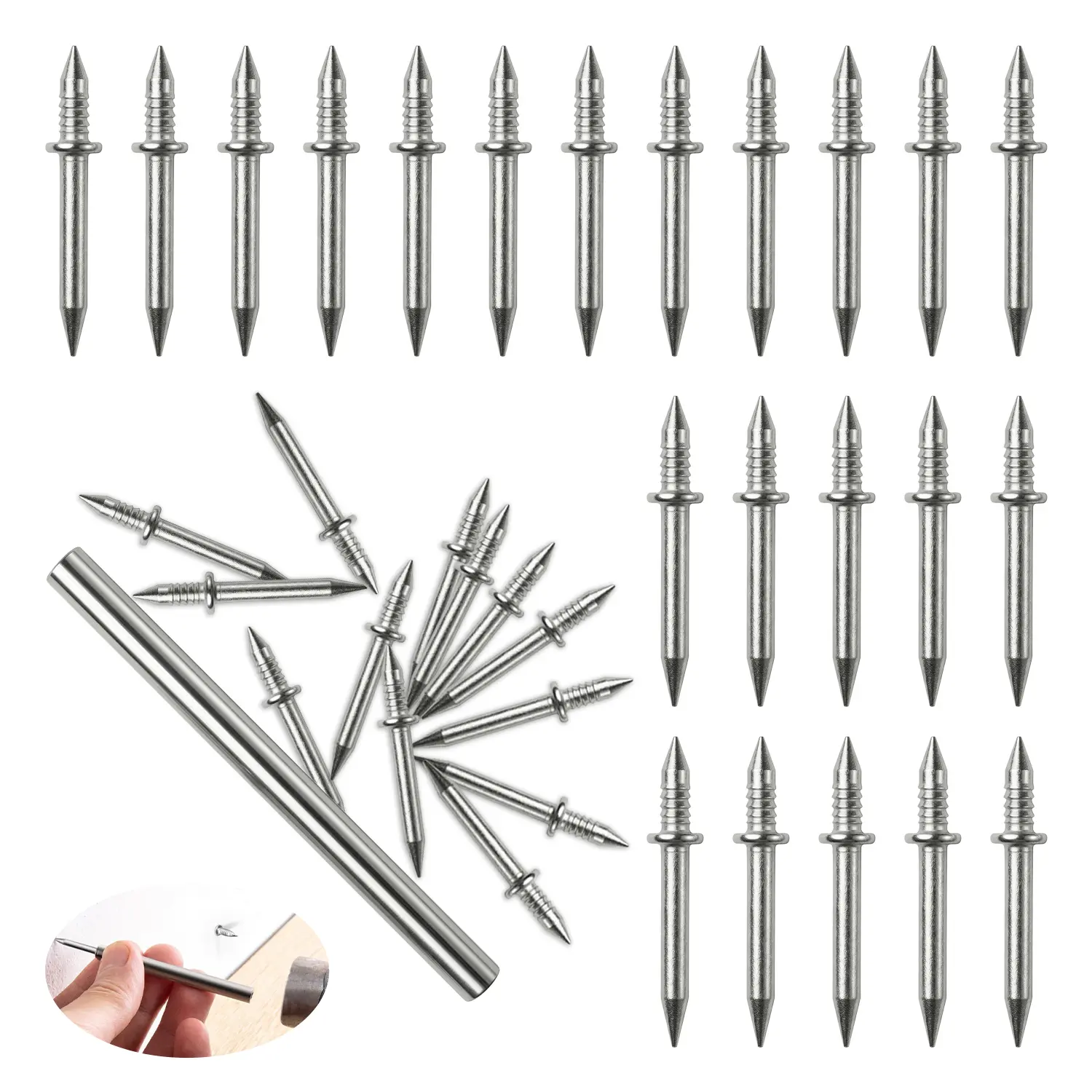 200 Pcs Double-Head Skirting Thread Seamless Nail, Double-Headed Nails, Invisible Screws & Specific Sleeve Tool, for Seamless Skirting Thread with Solid Wood Baseboard, Headed Skirting Nails Sturdy Damage-Free Wall Installation Kit