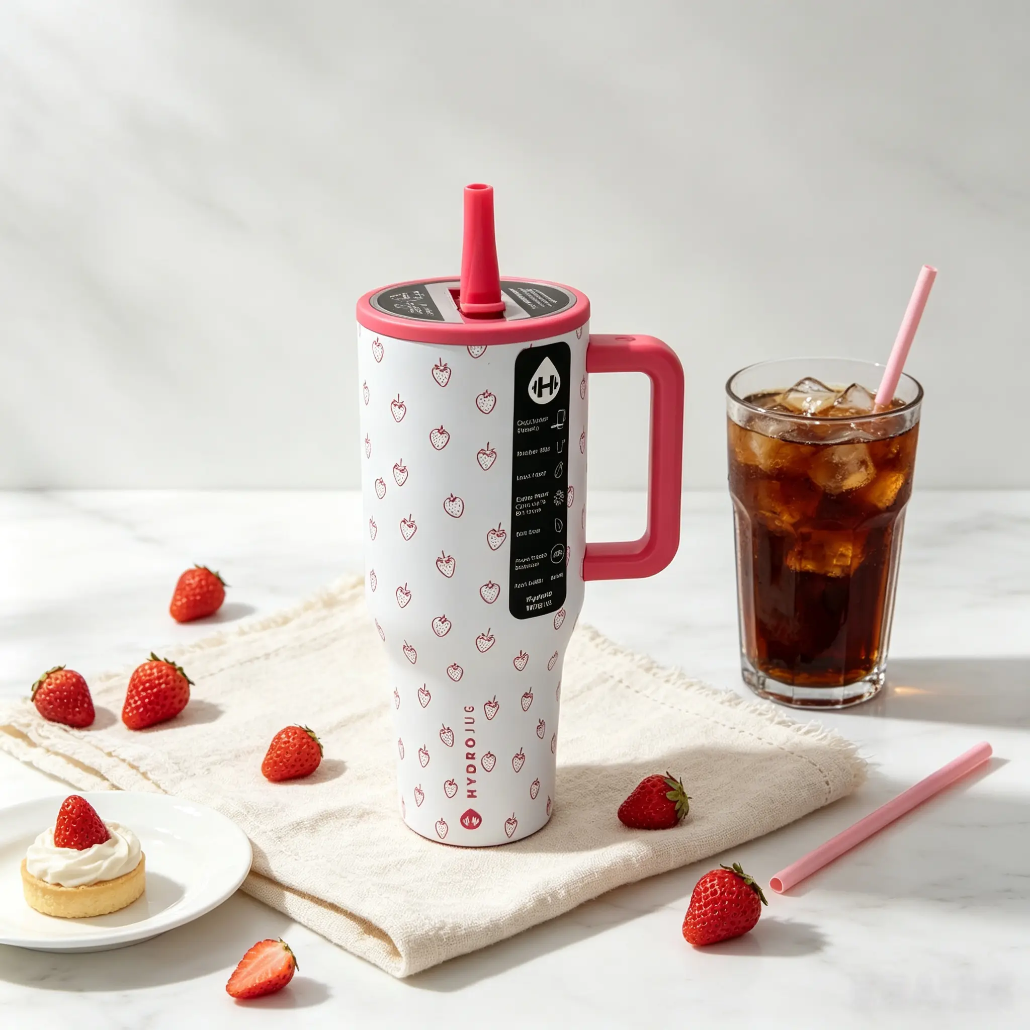 HydroJug 40oz Cute Red Strawberry Print Stainless Steel Tumbler, 24 Hours Cold Retention, Leak-Proof Design With Large Comfort Handle, Car Cup Holder Friendly