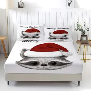 3-piece Christmas Raccoon Pattern fitted sheet, including 1 bed sheet and 2 pillowcases, comfortable bedding with anti-slip dust cover suitable for bedrooms and guest rooms,perfect for personal use or as a Christmas gift