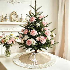 24" Burlap Spring Tree Skirts with Tassel Brown Rustic Farmhouse Jute Linen Christmas Tree Skirt for Holiday Wedding Birthday Party Farmhouse Home Decor Ornaments