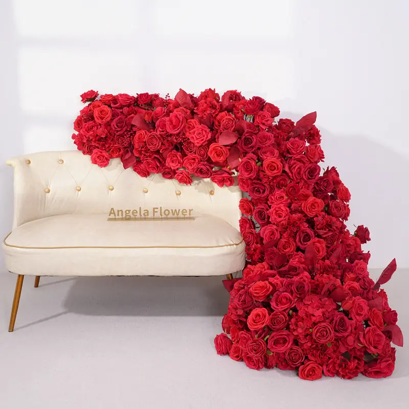 A875206 Red Burgundy Rose Decorative Flowers Table Sofa Runner, Wedding Banquet Decor Props