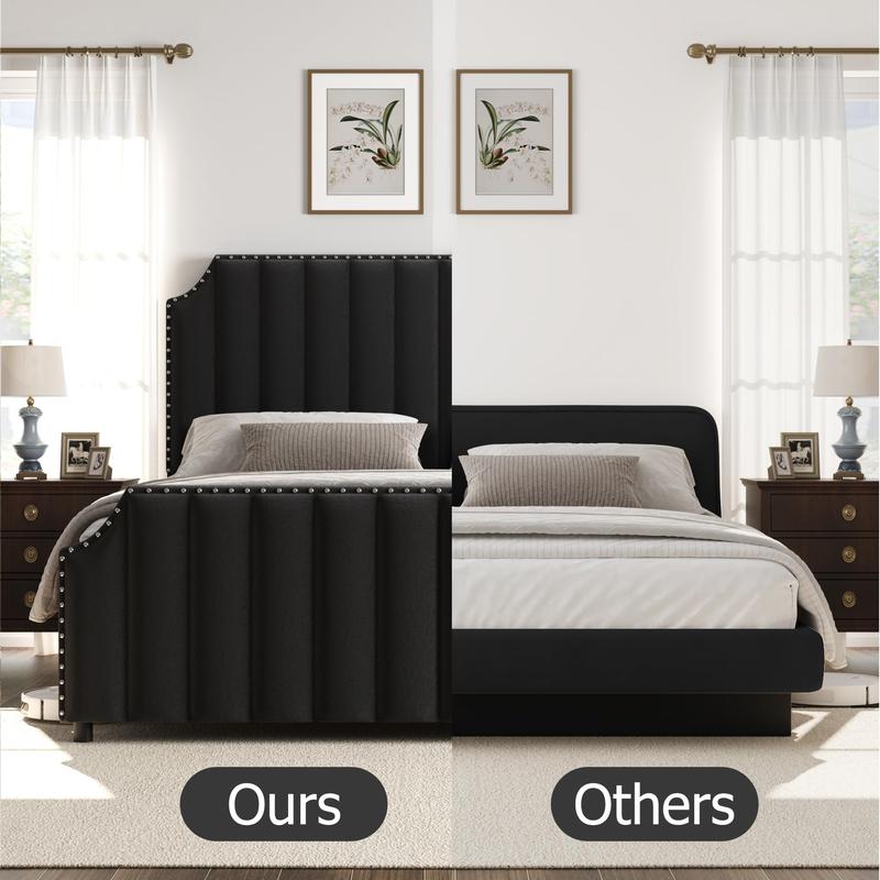 Queen Size Platform Bed Frame with 50.2" Headboard, Velvet Upholstered Bed Frame Queen with Vertical Channel Tufted Headboard & Footboard, Nailhead Trim, No Box Spring Needed, Cream